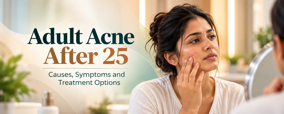 Indian woman examining adult acne on her cheek, highlighting causes, symptoms, and treatment options for acne after age 25 at Maruti Hospital.